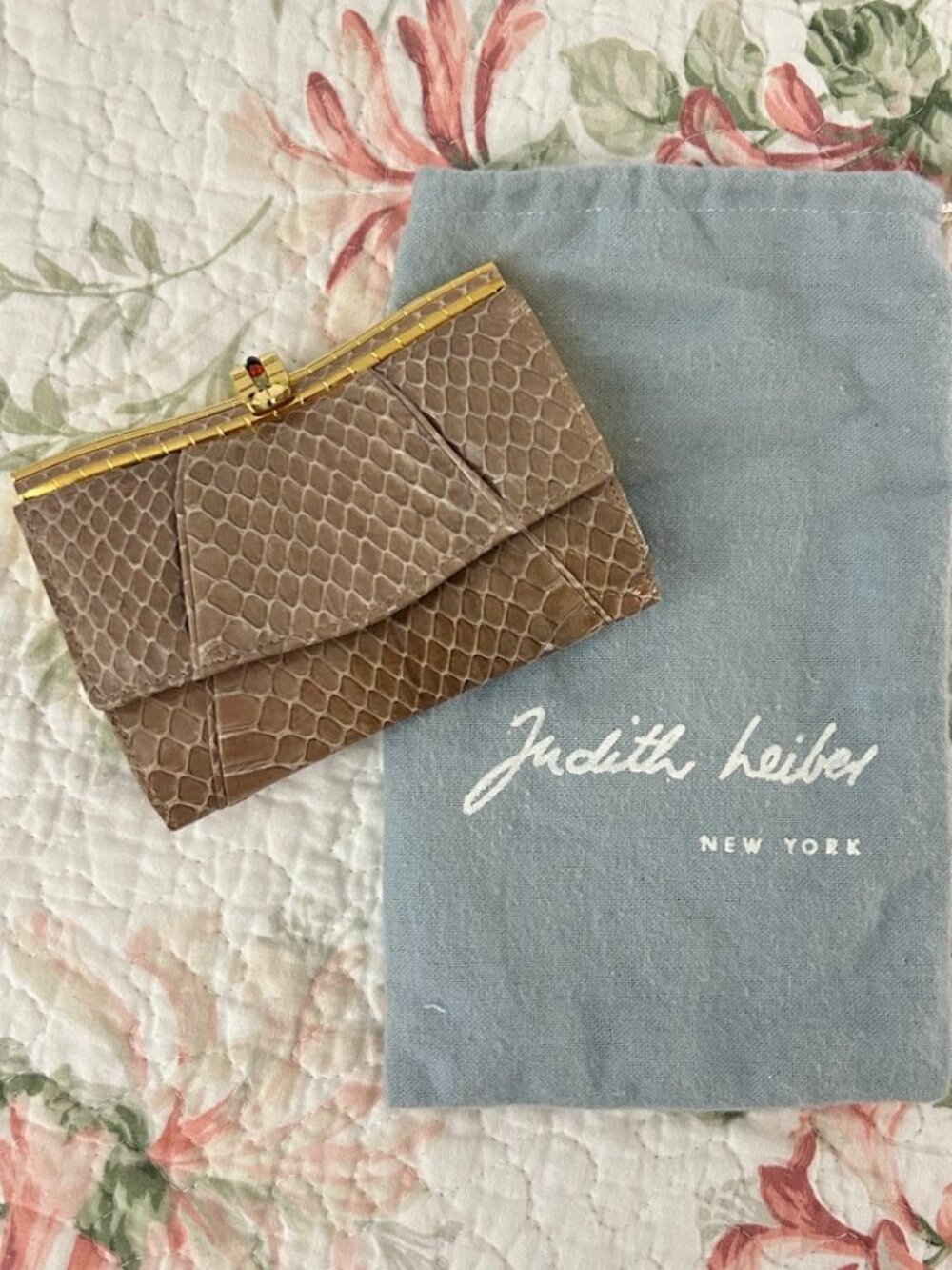 Judith Leiber Taupe Brown Vintage Snakeskin Leather Wallet Jeweled Clasp